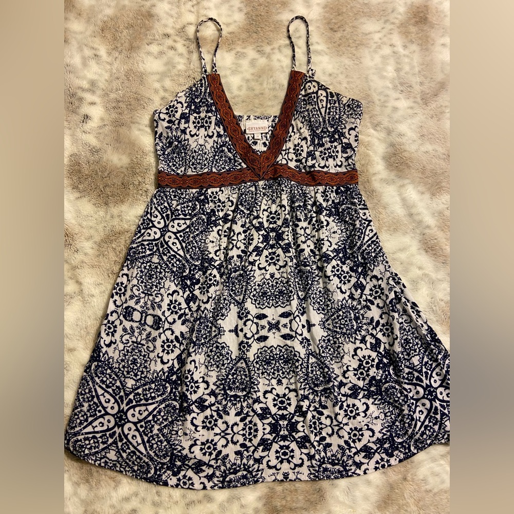 Shyanne Navy and White Spaghetti Strap Mini Dress with Brown Trim